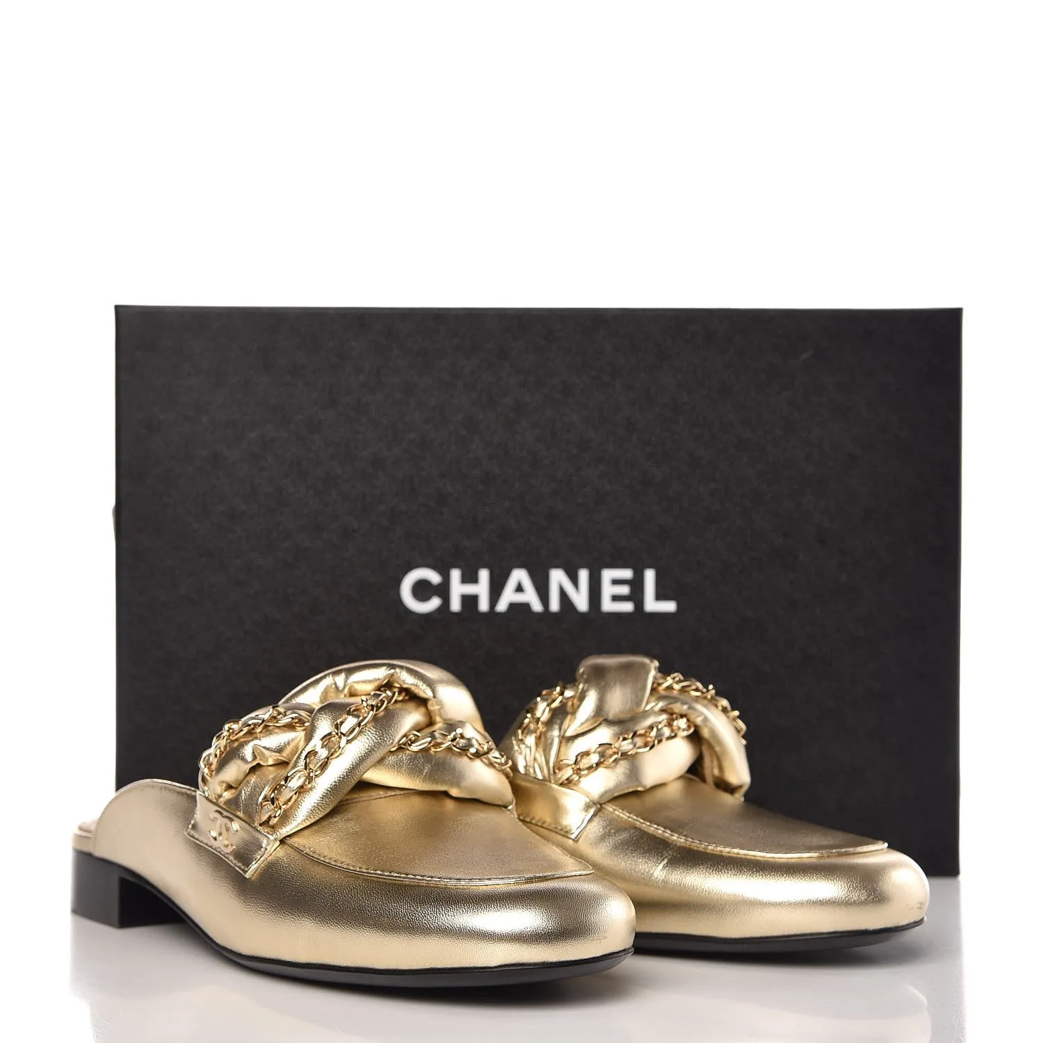 CHANEL METALLIC LAMBSKIN BRAIDED CHAIN MULES