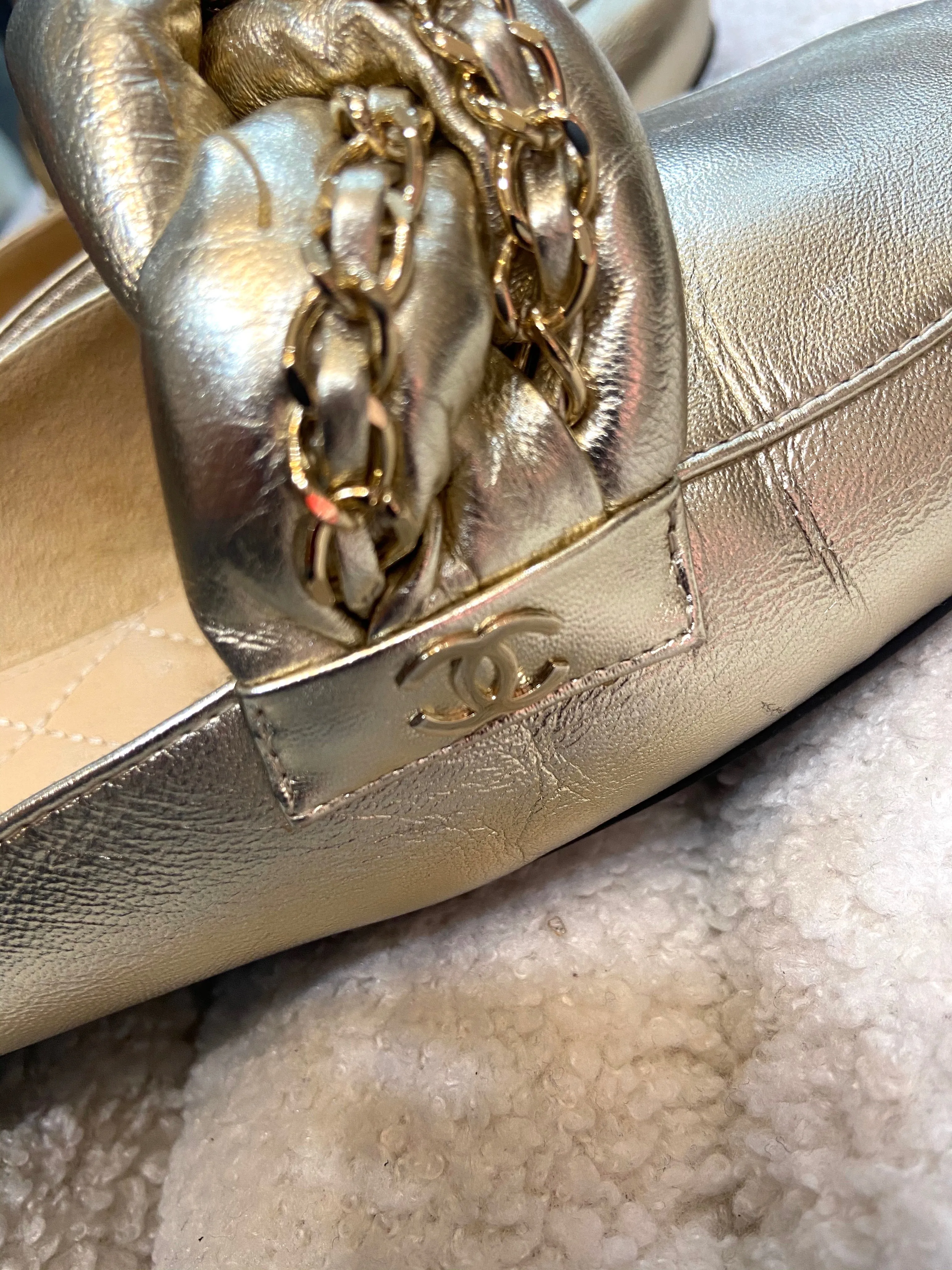 CHANEL METALLIC LAMBSKIN BRAIDED CHAIN MULES