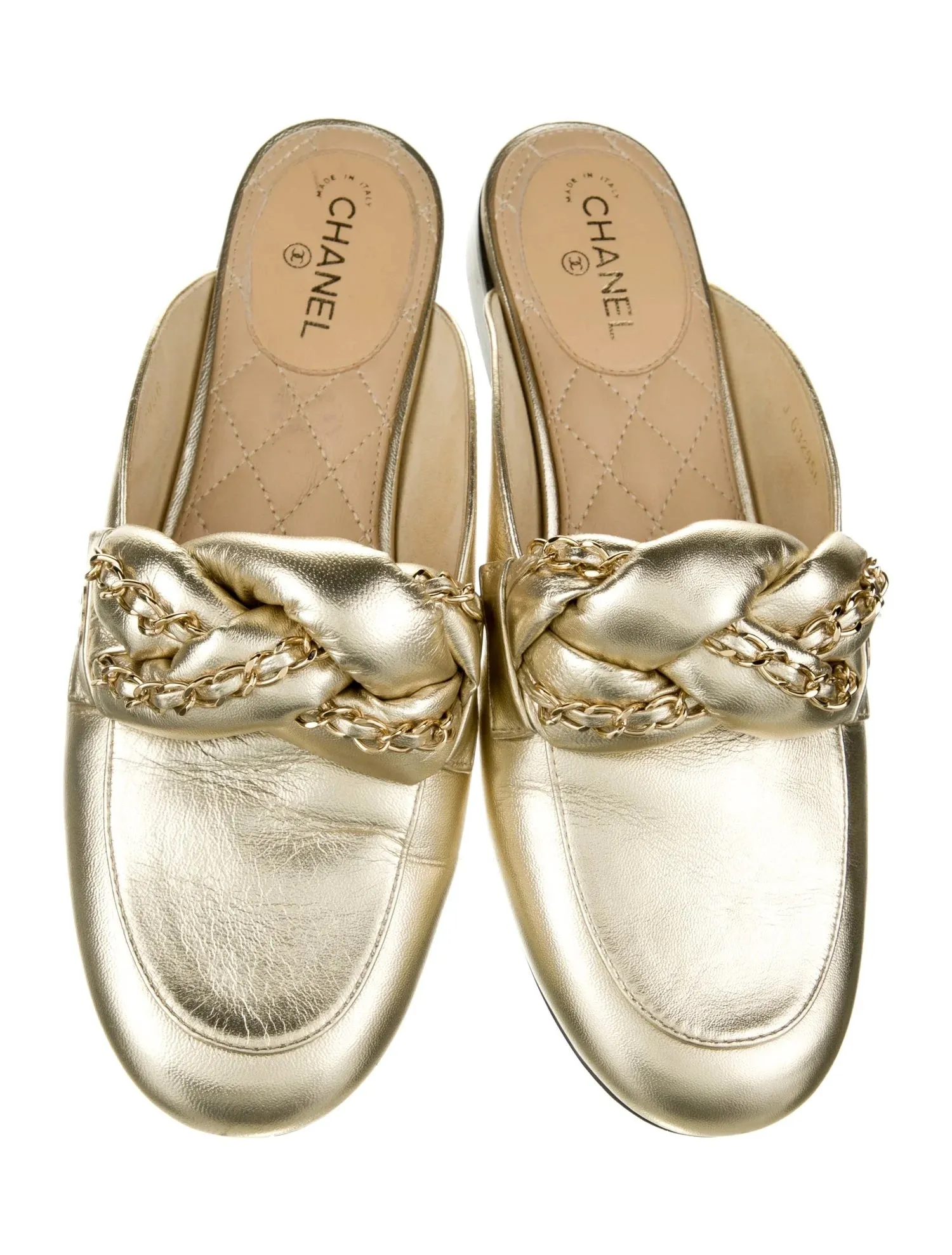 CHANEL METALLIC LAMBSKIN BRAIDED CHAIN MULES