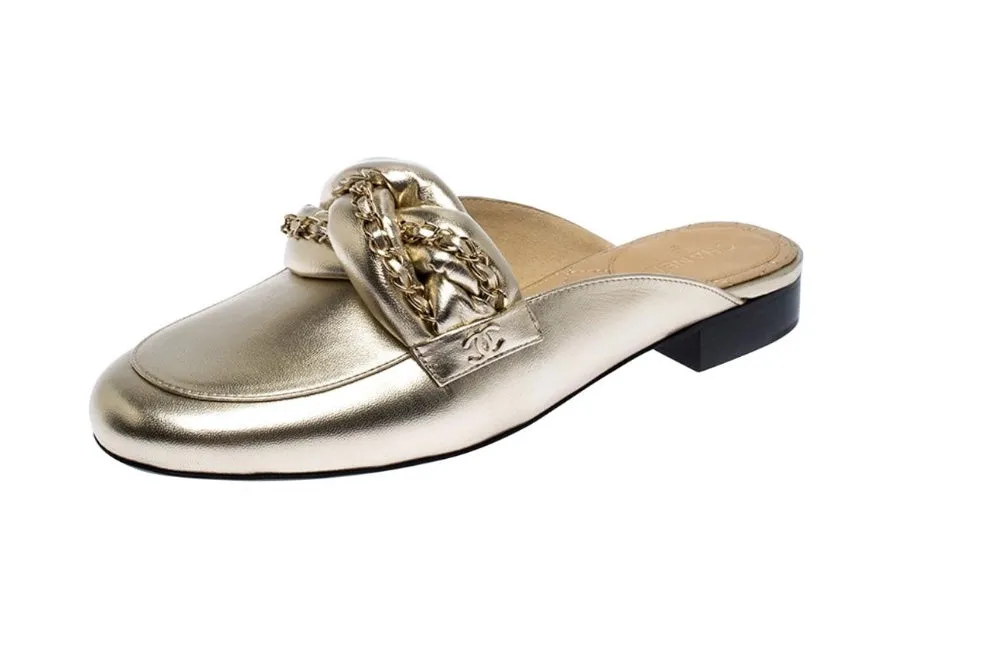 CHANEL METALLIC LAMBSKIN BRAIDED CHAIN MULES