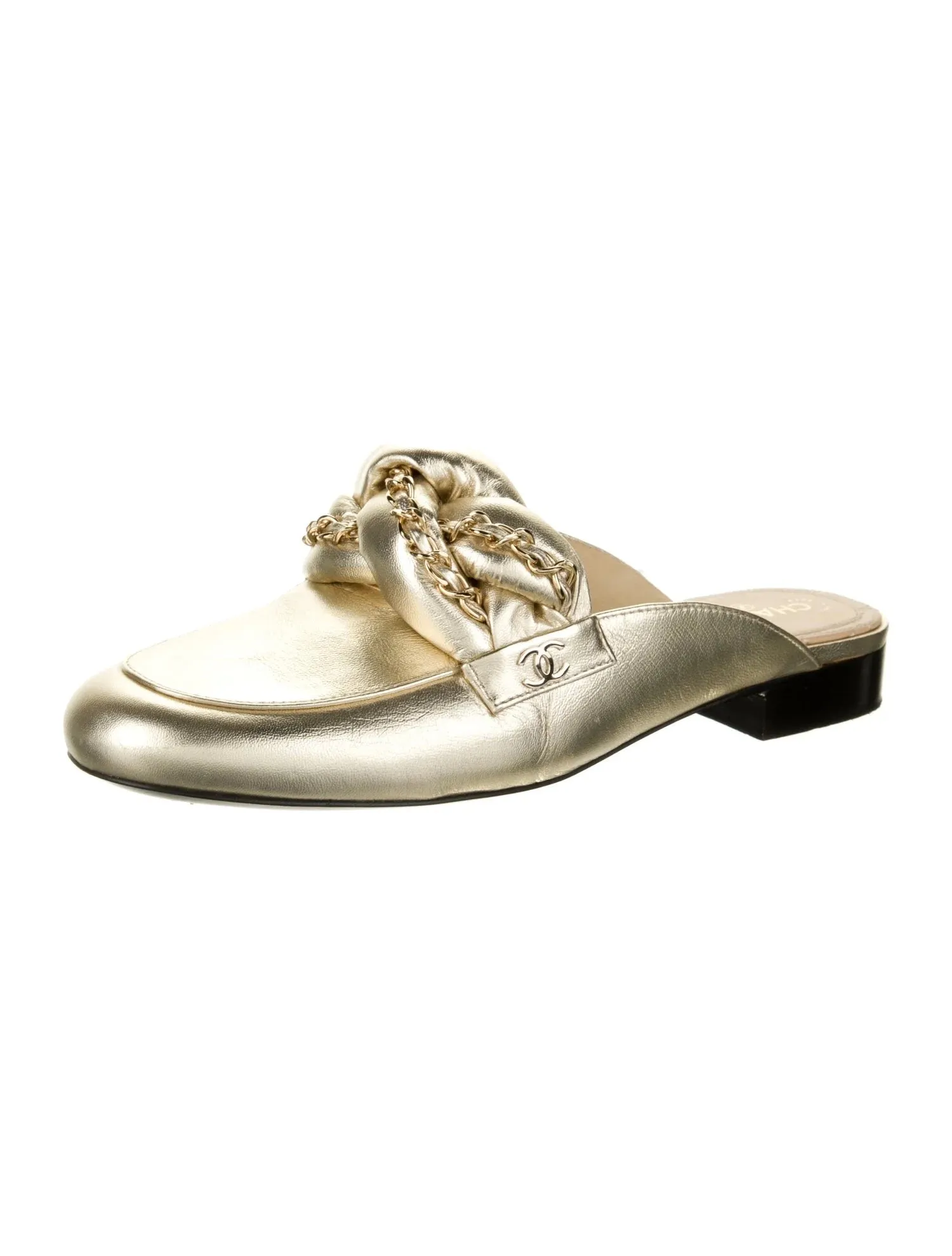 CHANEL METALLIC LAMBSKIN BRAIDED CHAIN MULES