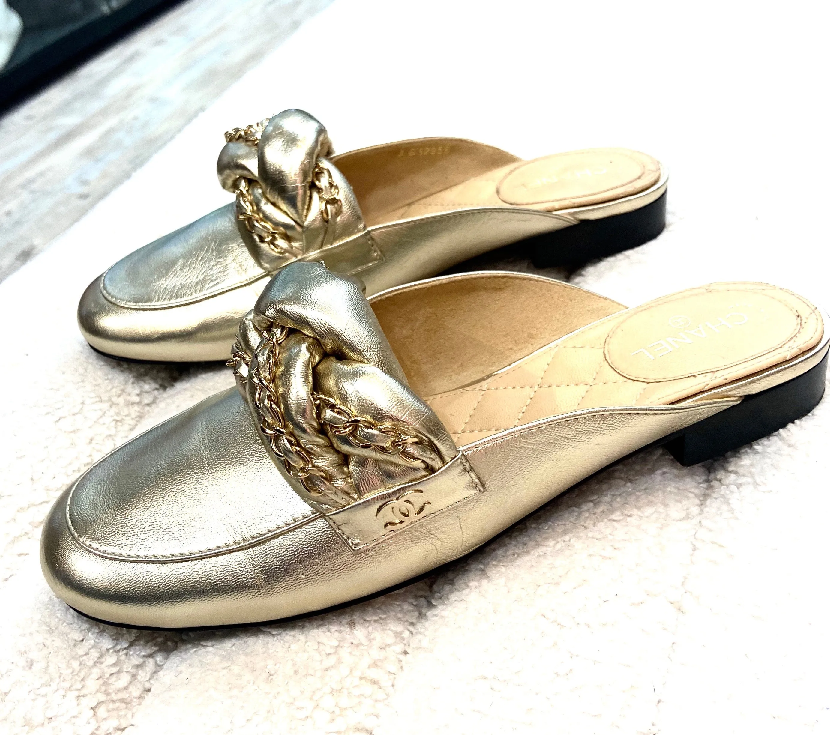 CHANEL METALLIC LAMBSKIN BRAIDED CHAIN MULES