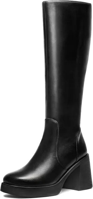Knee High Boots for Women - Platform Tall Boots Square Toe Chunky Heeled Leather Gogo Boots with Side Zipper