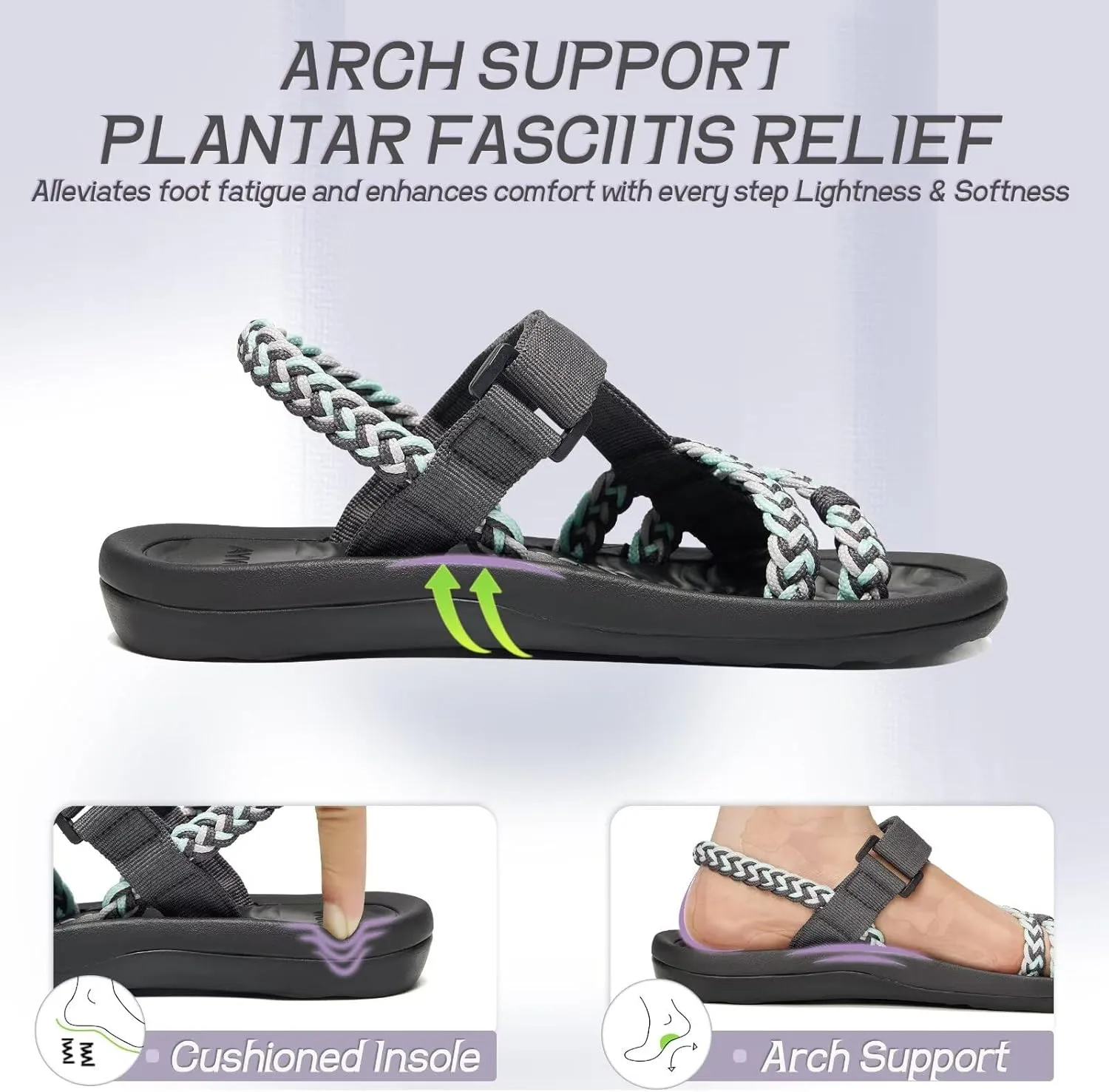 MEGNYA Hiking Sandals for Womens, Comfortable Walking Flip Flop Sandals with Arch Support, Athletic Sandals with Hook and Loop Straps for Beach Vacation Adventure