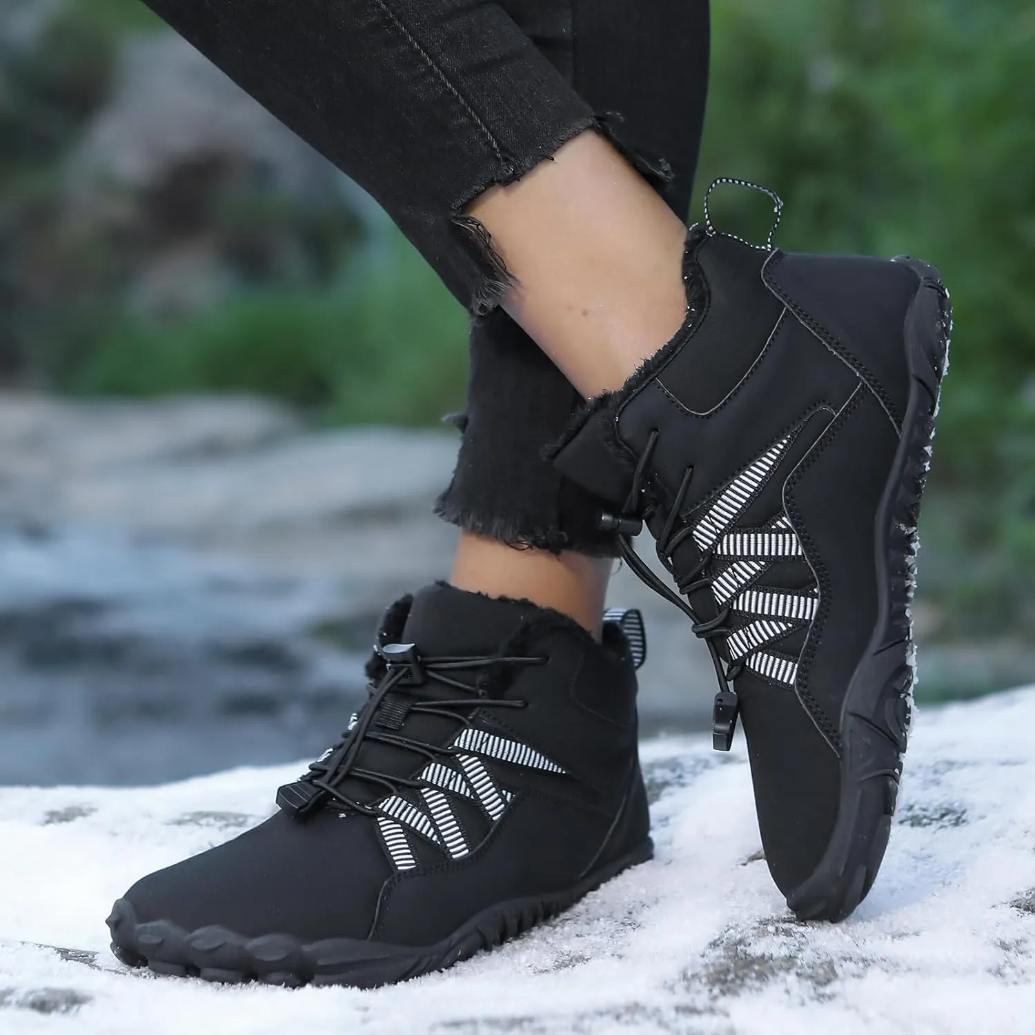 Men's & Women's Winter Barefoot Hiking Boots, Zero Drop, Waterproof, Wide Toe Box, Slip-On, Lightweight Fur Lining, Ankle Booties, Ideal for Hiking, Walking, Trail Running, Snow Adventures, Unisex