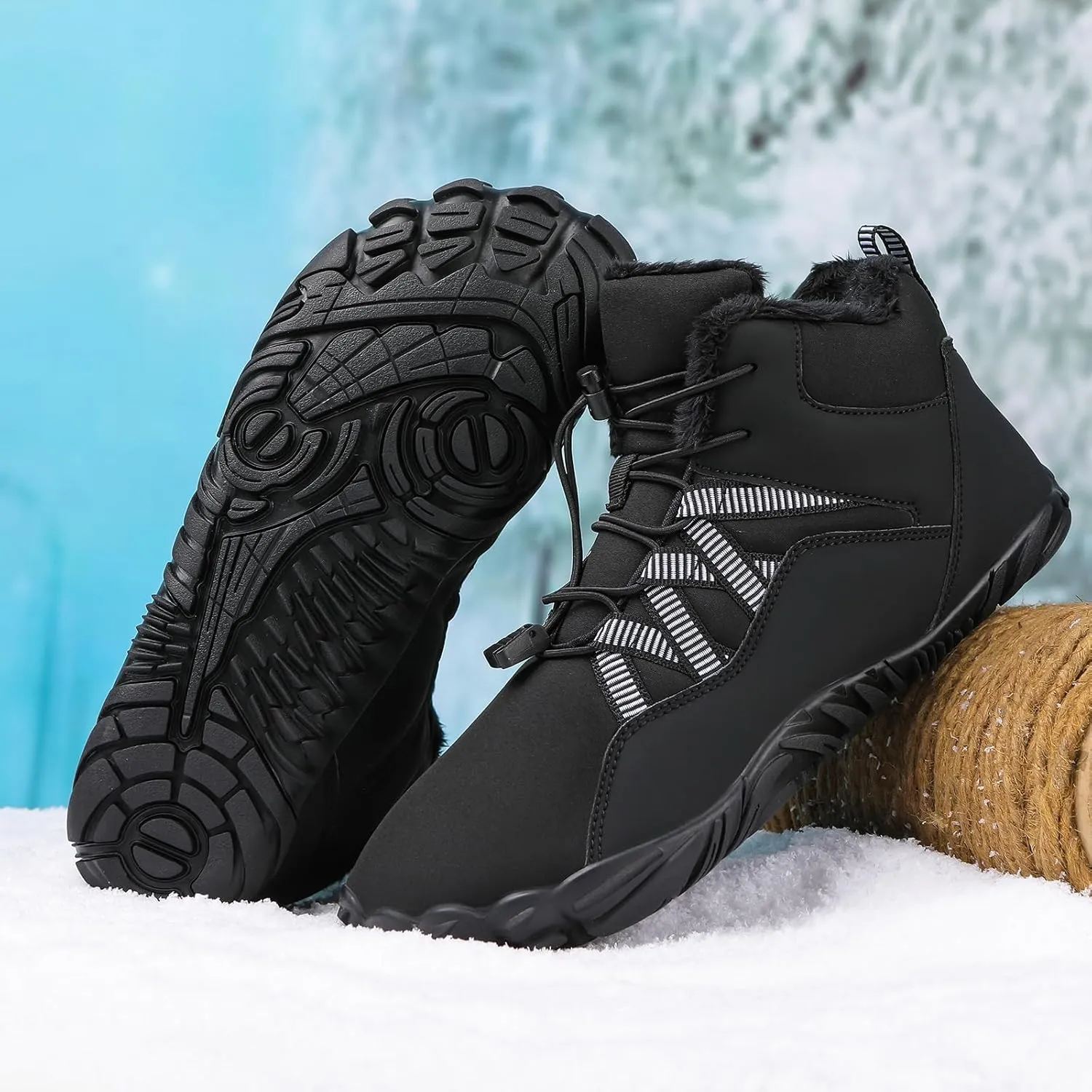 Men's & Women's Winter Barefoot Hiking Boots, Zero Drop, Waterproof, Wide Toe Box, Slip-On, Lightweight Fur Lining, Ankle Booties, Ideal for Hiking, Walking, Trail Running, Snow Adventures, Unisex