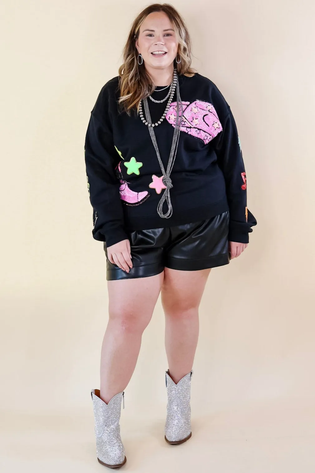 Nashville Lights Chenille and Sequin Patch Graphic Sweatshirt in Black