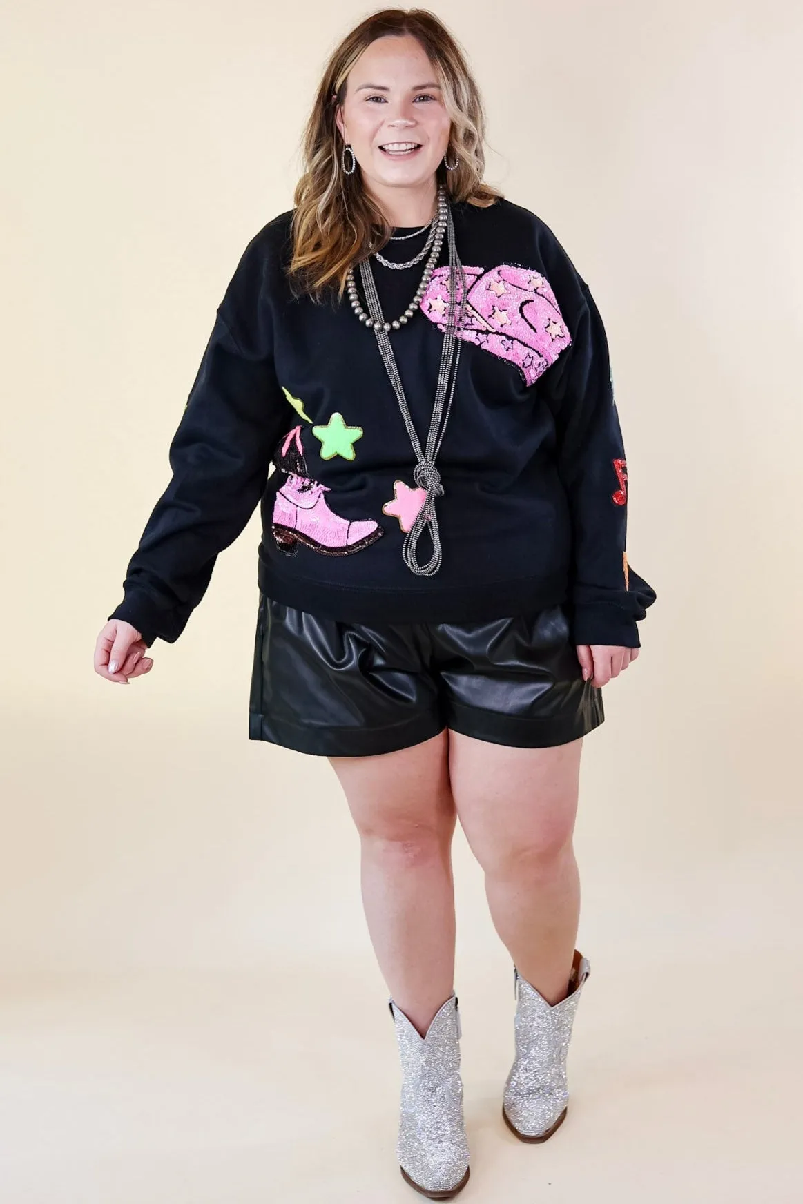 Nashville Lights Chenille and Sequin Patch Graphic Sweatshirt in Black