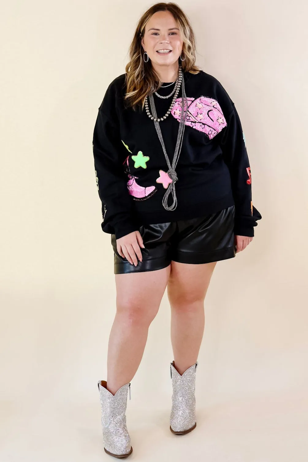 Nashville Lights Chenille and Sequin Patch Graphic Sweatshirt in Black