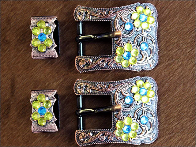 Screw Back Concho Caplem Lemon Crystals Floral Copper Buckle Set Belt