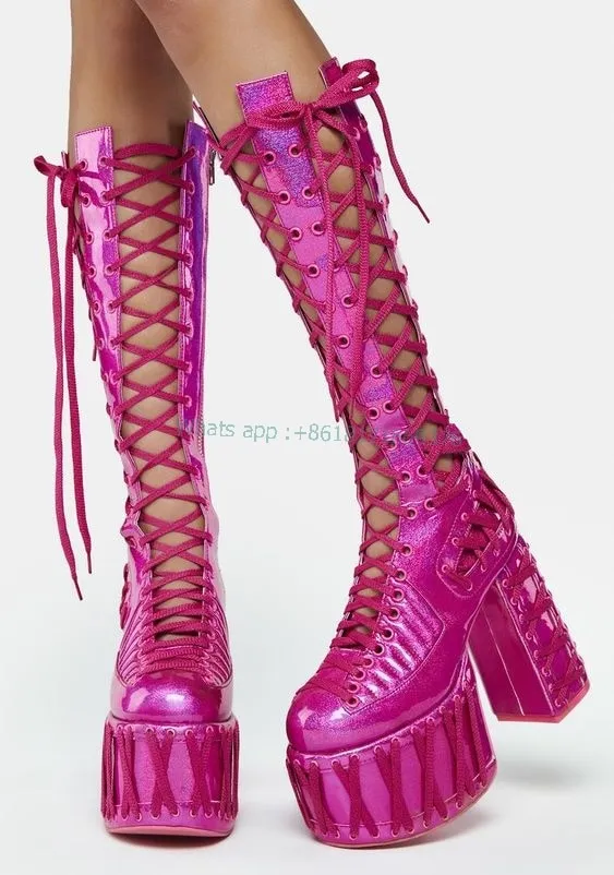 Women Rainbow Platform Pink Hollow Boots Dress Girl Block High Heel Round Toe Boots Design Sexy Lady Leather Cross Strap Shoes
