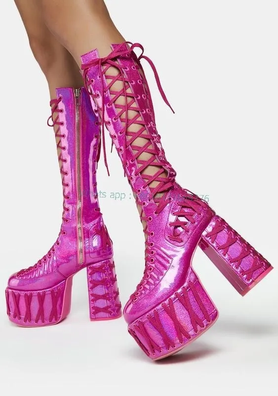 Women Rainbow Platform Pink Hollow Boots Dress Girl Block High Heel Round Toe Boots Design Sexy Lady Leather Cross Strap Shoes