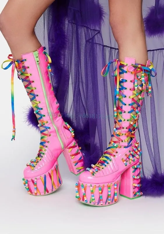 Women Rainbow Platform Pink Hollow Boots Dress Girl Block High Heel Round Toe Boots Design Sexy Lady Leather Cross Strap Shoes