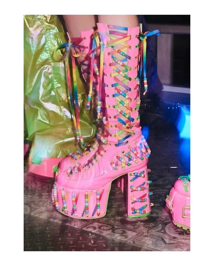 Women Rainbow Platform Pink Hollow Boots Dress Girl Block High Heel Round Toe Boots Design Sexy Lady Leather Cross Strap Shoes