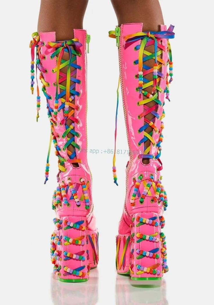 Women Rainbow Platform Pink Hollow Boots Dress Girl Block High Heel Round Toe Boots Design Sexy Lady Leather Cross Strap Shoes