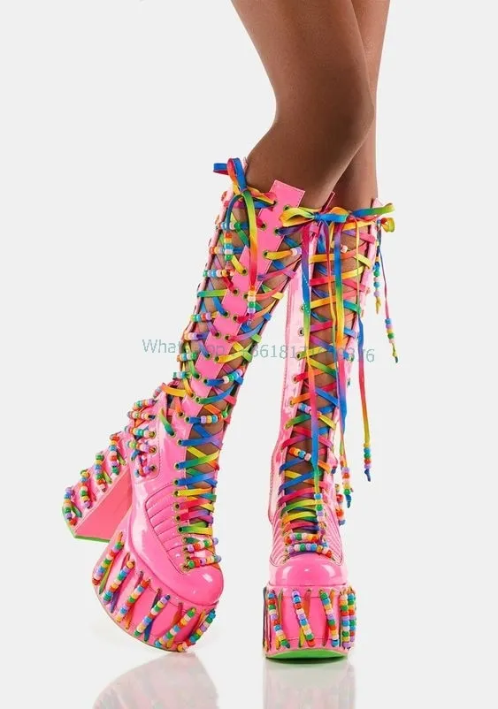 Women Rainbow Platform Pink Hollow Boots Dress Girl Block High Heel Round Toe Boots Design Sexy Lady Leather Cross Strap Shoes