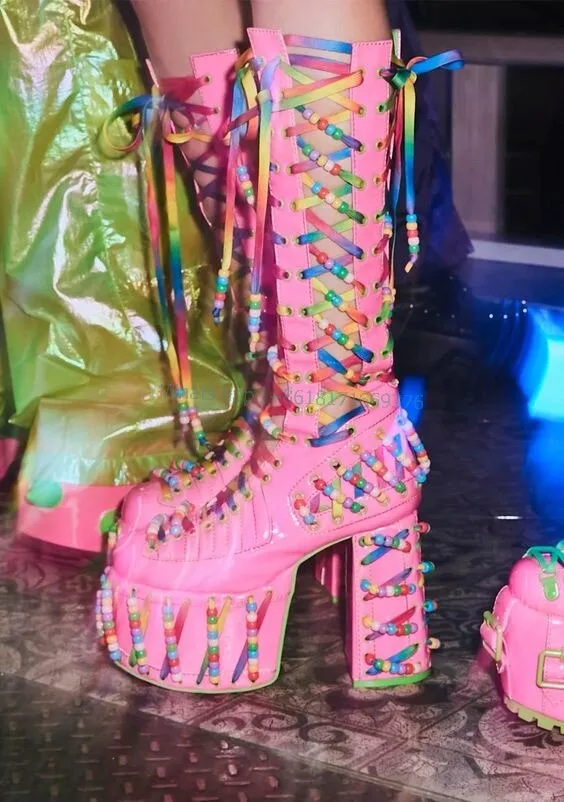 Women Rainbow Platform Pink Hollow Boots Dress Girl Block High Heel Round Toe Boots Design Sexy Lady Leather Cross Strap Shoes