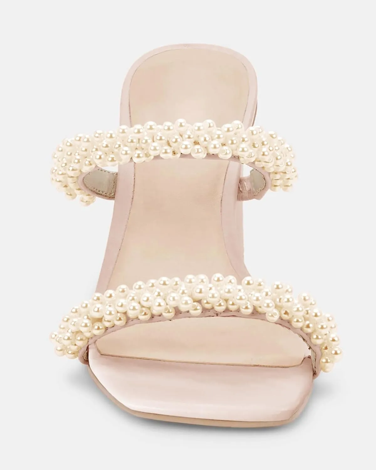 Womens Chunky Heeled Sandals Pearl Strappy Open Square Toe Slip-on Block Heels Backless Mules Shoes