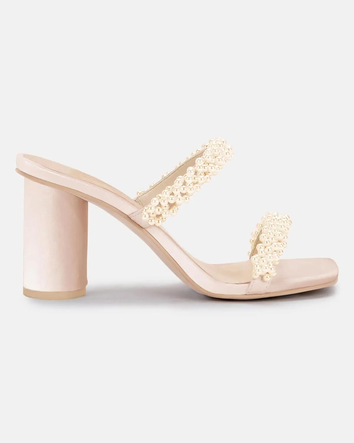 Womens Chunky Heeled Sandals Pearl Strappy Open Square Toe Slip-on Block Heels Backless Mules Shoes