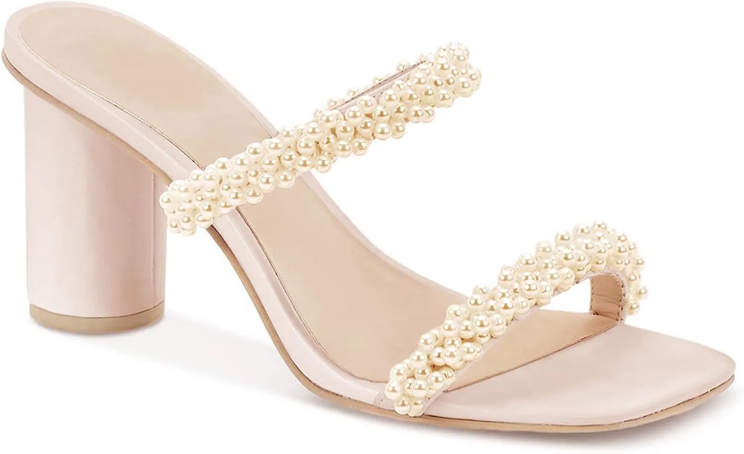 Womens Chunky Heeled Sandals Pearl Strappy Open Square Toe Slip-on Block Heels Backless Mules Shoes